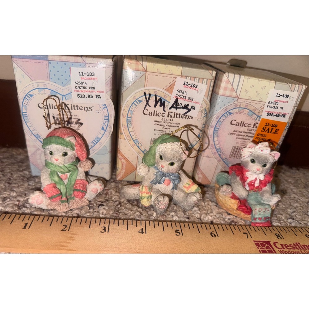 Vintage Enesco Calico Kittens Ornaments Set of 3 Priscilla Hillman 1993 623814 - Picture 5 of 6